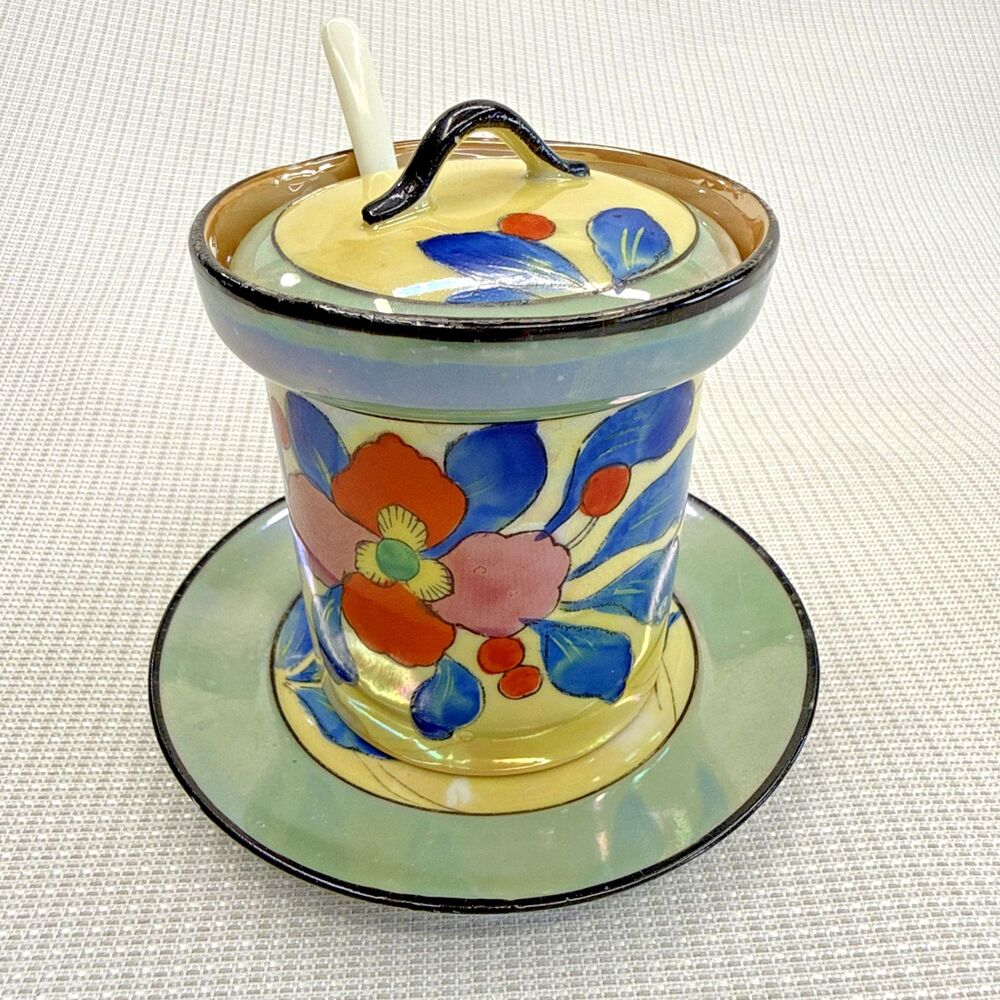 Vintage Lusterware Complete Sugar Bowl Set Hand Painted Made In Japan Flowers